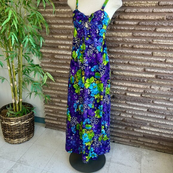 Vintage Hawaiian Floral Rockabilly Tie Front Handmade Maxi Tiki Dress - Picture 9 of 10